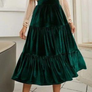 Emerald Green Velvet Midi Skirt